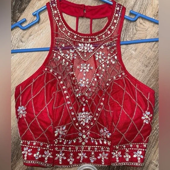 B Darlin Bold 2 Piece Red Embellished Dress Prom or Cocktail Dress - Picture 4 of 10